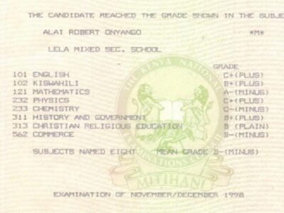 Robert Alai KCSE grade and his result slip