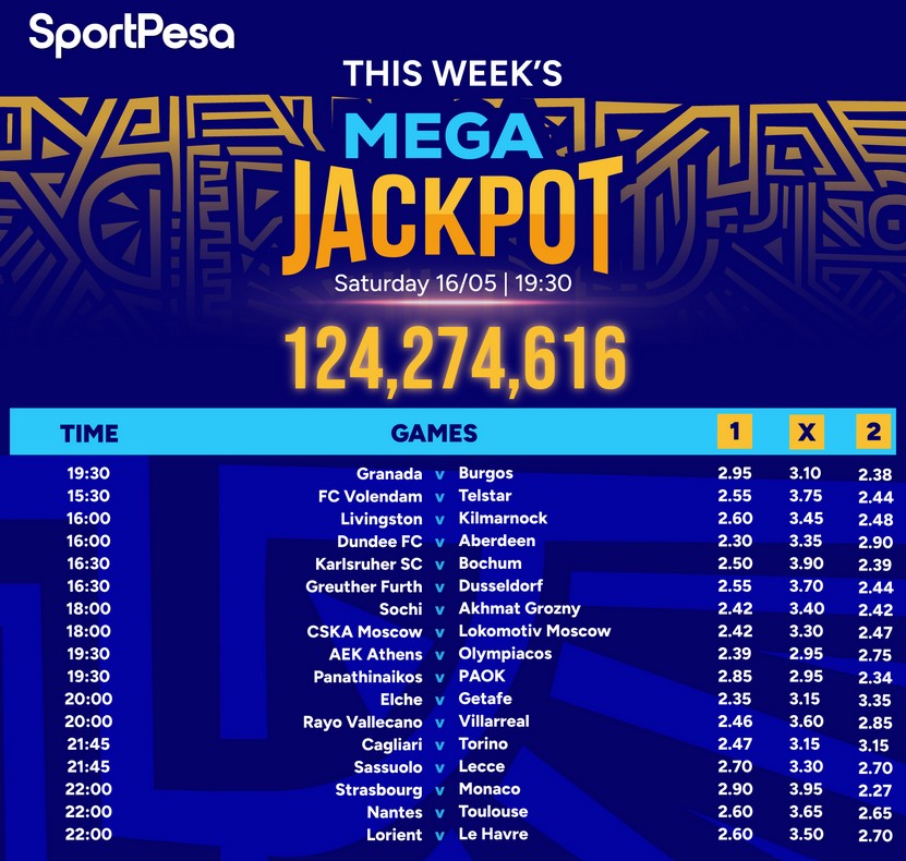 17 Games Sportpesa Mega Jackpot Predictions for date 16/5/2026:Make Ksh 124,274,616