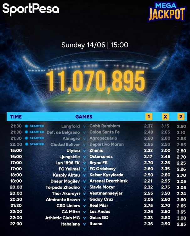 13Games Free Sportpesa Mega Jackpot Pro predictions today,14/6/2026: Win Ksh 11,070,895
